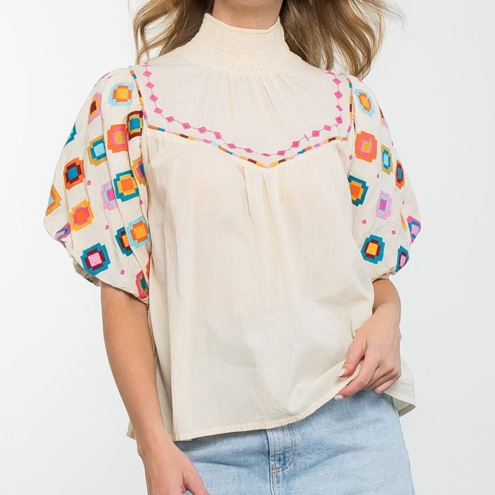 THML Bubble Sleeve Mock Neck Blouse